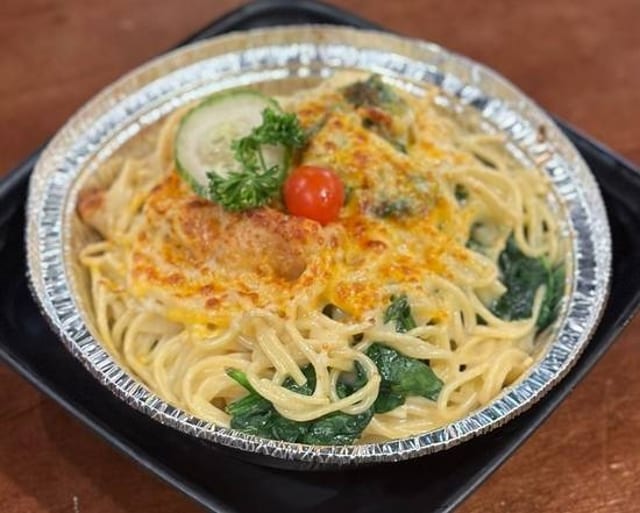 Baked Cheese Swan Filet and Spinach Spaghetti.